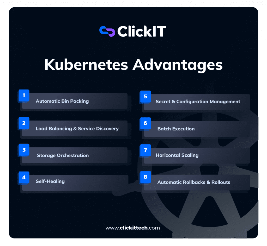list of Kubernetes advantages like, automatic bin packing, load balancing and service discovery, storage orchestration, self healing and horizontal healing