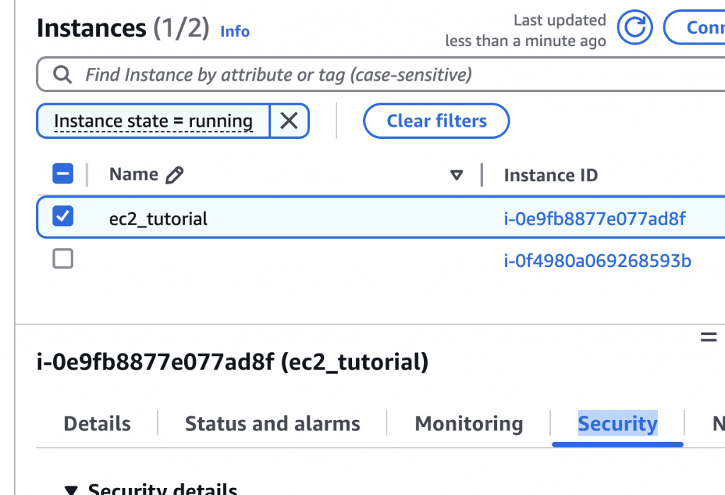 screen shoot AWS console, go to the EC2 Service instances