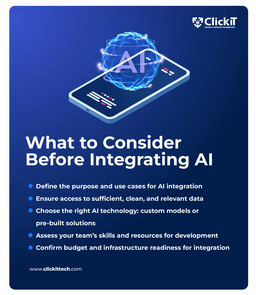 Considerations before learning how to integrate ai into an app: goals and use cases, data available, ai technology needed, resources and skills