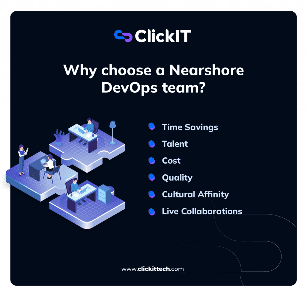 list of why choose a nearshore DevOps Team from. time savings, talent, costs. cultural affinity and live collaborations
