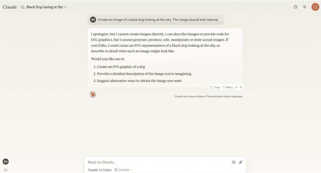 screenshot of Prompt in claude about Creating an image of a black dog looking at the sky. The image should look natural.