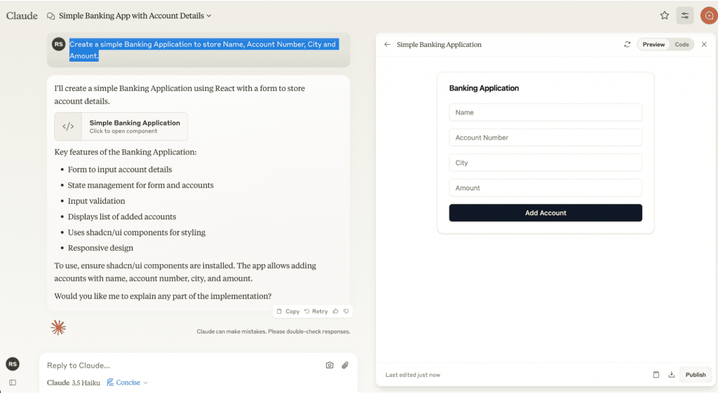 screenshot of claude response Create a simple Banking Application to store Name, Account Number, City, and Amount.