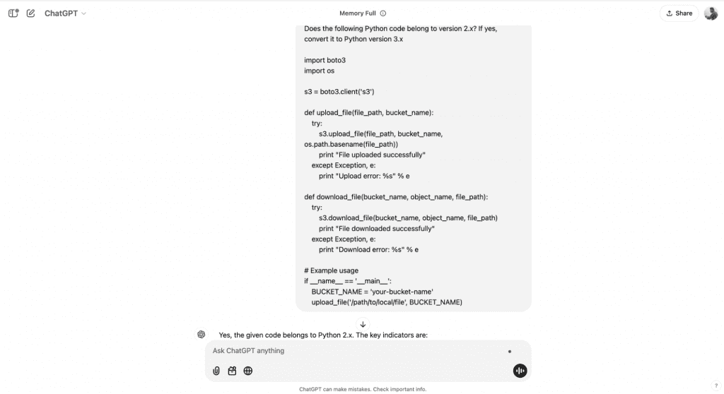 screenshot of GPT Prompt with Python 2.x Code