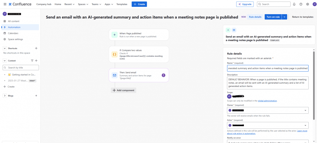 template that lets me create an automated task to send an email with an AI-generated summary and action items when a meeting notes page is published. in Atlassian intelligence 
