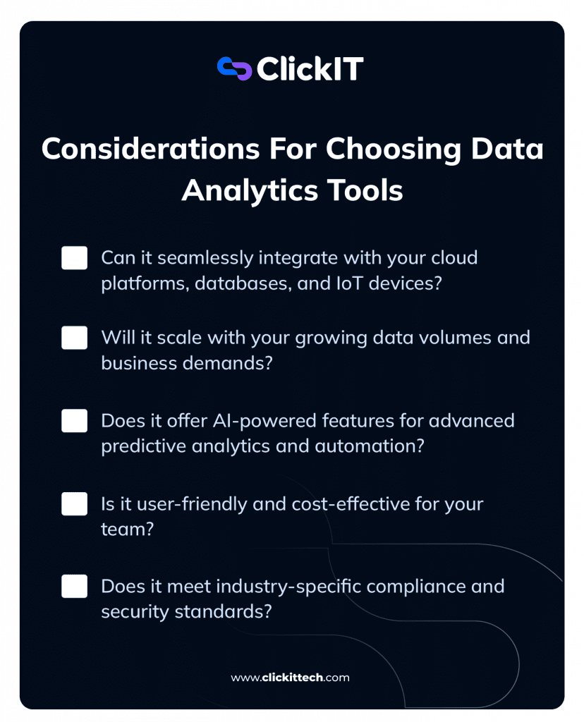 Considerations for Choosing Data Analytics Tools: Integration, scalability, AI features, usability, cost, and compliance