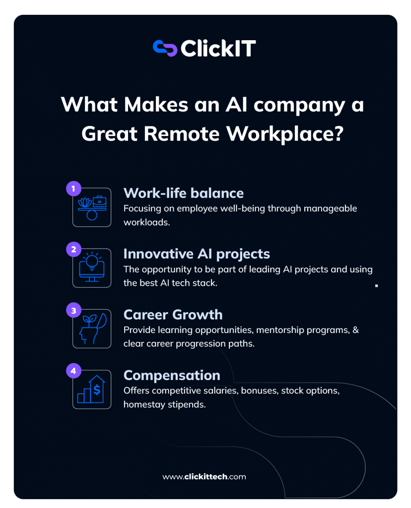 list of what makes an ai company a great remote workplace from work-life balance, innovative ai projets and compensation