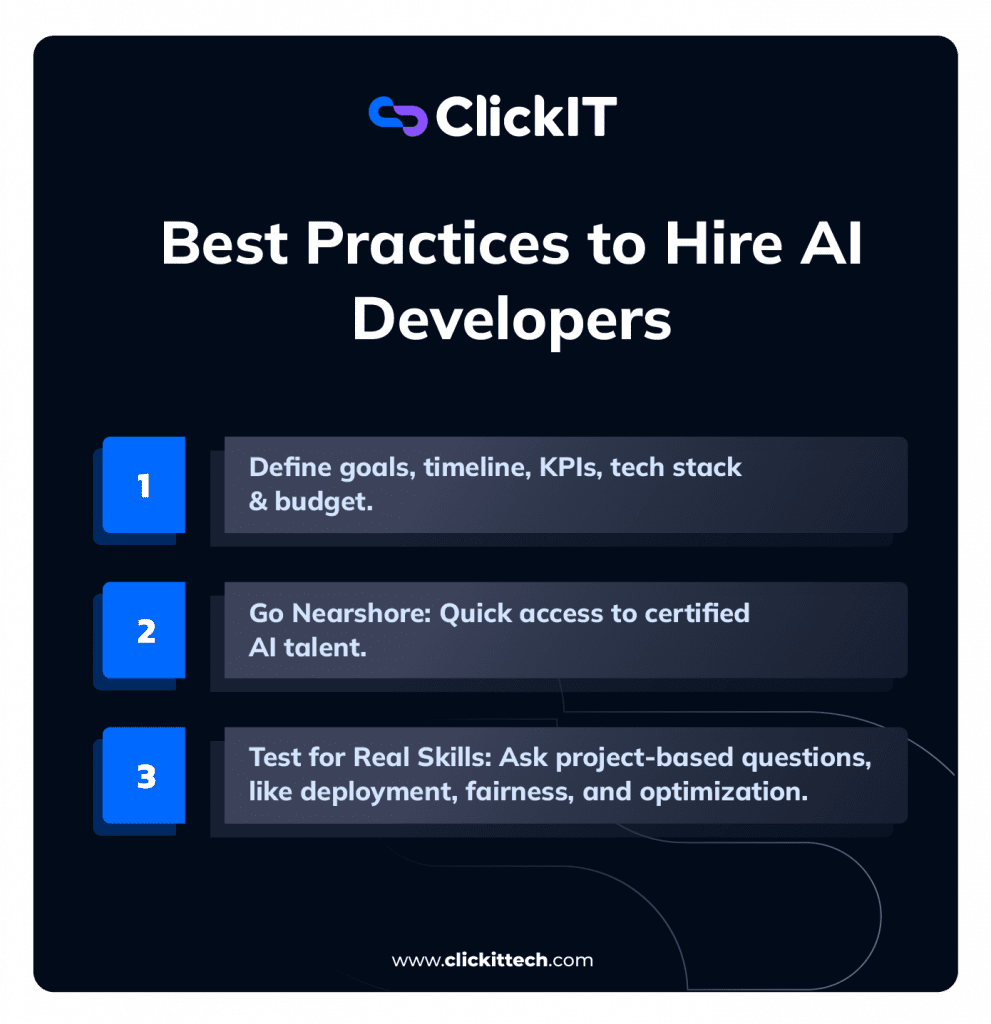 best practices to hire AI developers, define goals, go nearshore, test for real skills