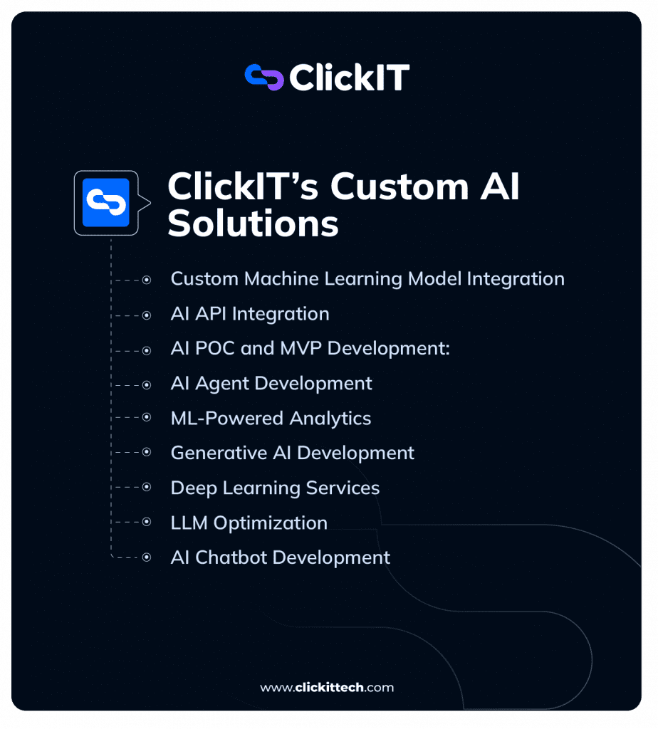 ClickIT's custom AI solutions from custom ML model integration, AI API, AI POC and MV, AI agent development and GenAI services